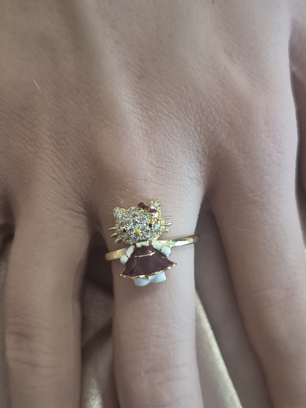 Gold-Tone Cat Crystal Dress Ring with Red Enamel